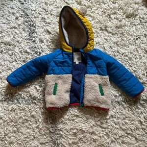 Baby Boden Blue and Yellow Puffer Jacket with Teddy Ears